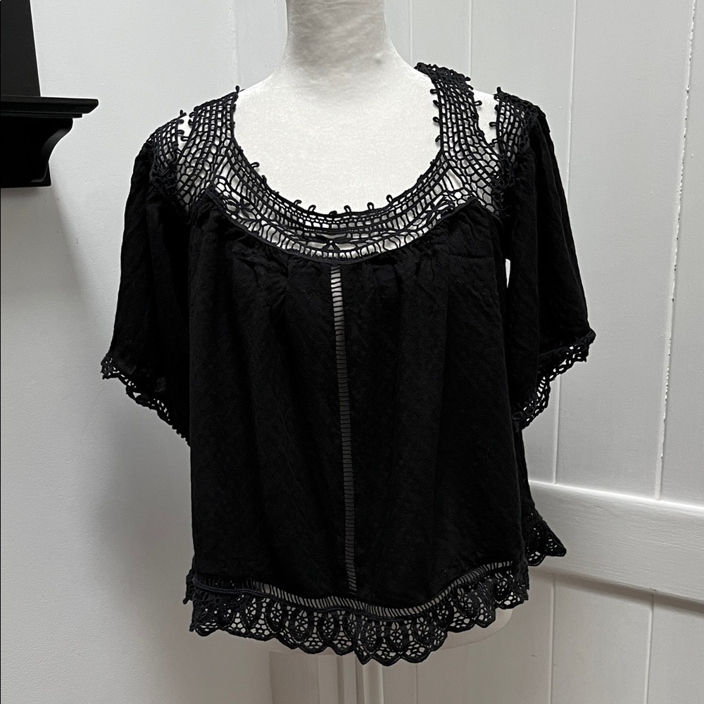 love stitch Black Crochet-Trim Blouse